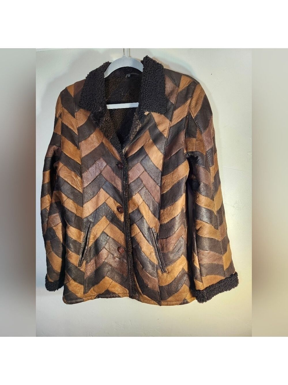 Echtes Leder Rare 70's Chevron Patterned with Sharpa Lining Boho Sz M